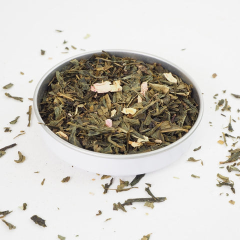 Known for being a best tasting green tea, Cherry Sencha Green Tea from Teaspoon Tea Co is shown here. Bright, large leaf green tea is blended with rose petals and cherry. This is a flavoured tea a green tea that tastes good.