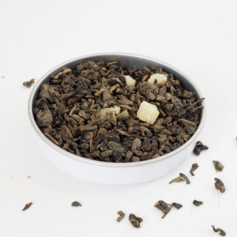 Gunpowder Green Tea and Mango are visible here, Carnival Tea is a Green tea that tastes good, it's a Loose Leaf Tea from the online teashop Teaspoon Tea Co
