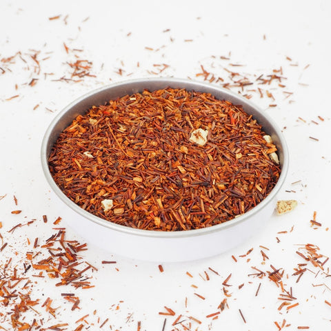 Rooibos Tea with Blood Orange from online teashop Teaspoon Tea Co. With flecks of Rooibos leaf in light orange to red and pieces of orange peel this is an attractive and tasty caffeine-free tea