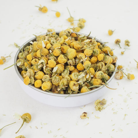 Whole Camomile Flower heads look clean and bright in this calming Herbal Infusion from Teaspoon Tea Co. This herbal tea is sure to calm and help you sleep.