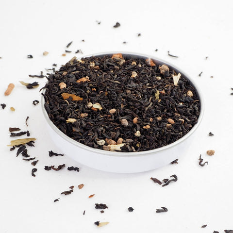 Chai Tea from online teashop Teaspoon Tea Co. Chai Spice Loose Leaf Tea can be seen here with large black tea leaves, pieces of Ginger, Cloves and Ginsing. This could be the Best Chai. A quality Tea.