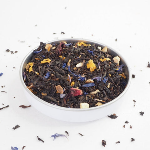 This is Winter Tea a flavoured loose leaf tea from Teaspoon Tea Co. This is a back tea with Orange, Clove, Almonds and cornflower petals. It actually tastes like Christmas