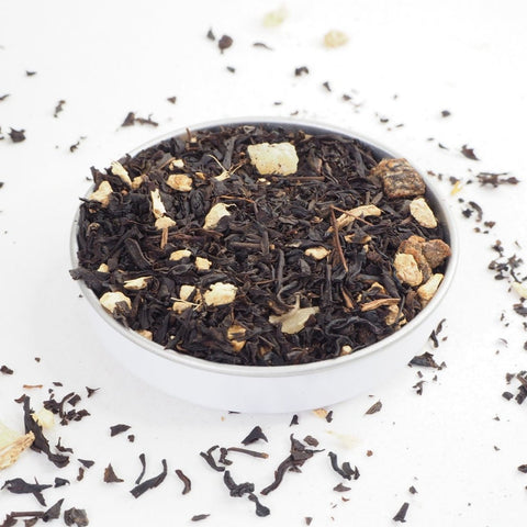 Grantham Tea, a flavoured Loose Leaf Tea from online teashop Teaspoon Tea Co. This large leaf loose tea is a black tea with pieces of Apricot and Ginger. Its delicious and our best selling loose leaf tea