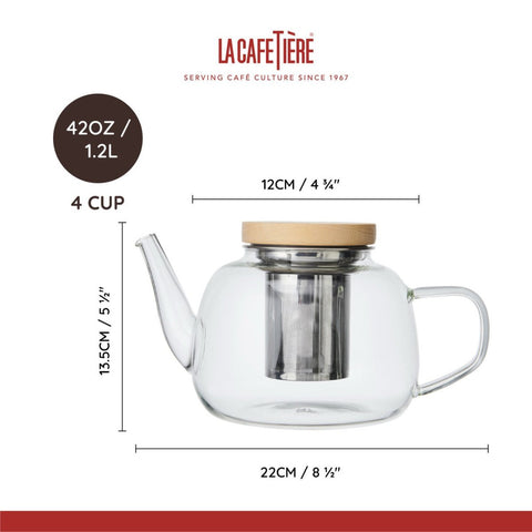 Glass teapot with wooden lid and measurements on a white background, featuring La Cafétière branding.