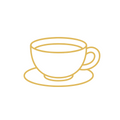 Gold line drawing of a teacup on a white background