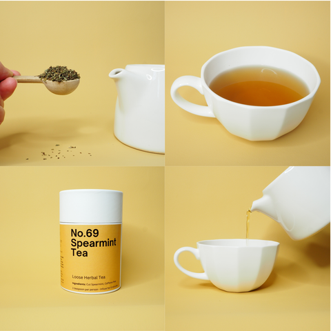 Collage of tea-making process with spearmint tea packaging on a yellow background