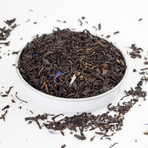 This is Earl Grey with Blue Flowers Loose Leaf Tea from Teaspoon Tea Co.   A large leaf loose tea with blue cornflower petals that make this a very pretty tea.  This tea is our take on Lady Grey