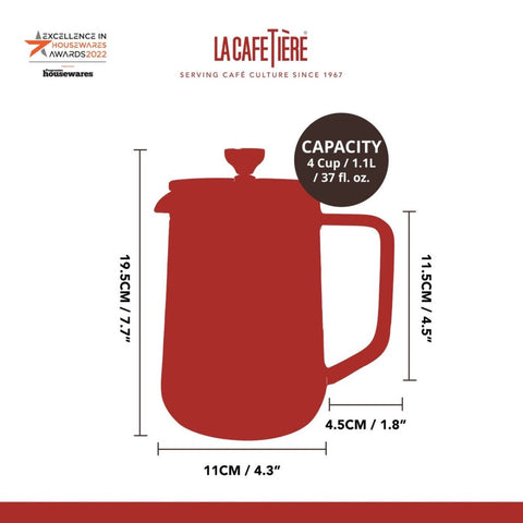 Dimensions and capacity details on a white background, featuring La Cafétière branding.