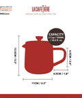 Red mug with dimensions and capacity details on a white background, featuring La Cafétière branding.