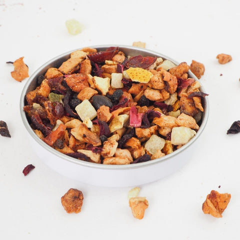 Passionfruit & Orange Fruit Tea from UK online Teashop Teaspoon Tea Co.  This fruit tea looks so good, large pieces of rich fruit can be seen including Orange peel, Apple and Pineapple. 