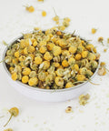 Whole Camomile Flower heads look clean and bright in this calming Herbal Infusion from Teaspoon Tea Co.  This herbal tea is sure to calm and help you sleep.