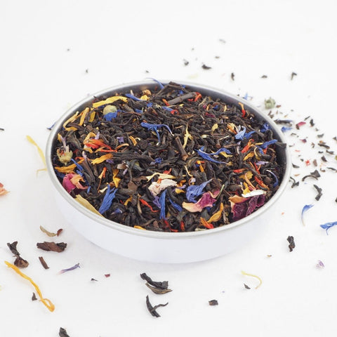 Summer Tea from online tea specialist  Teaspoon Tea Co.  This pretty loose leaf tea with large black tea leaves and flower petals like Cornflower, Rose and marigold.  A beautiful flavoured tea 
