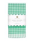 Green and white checkered tea towel packaging on a white background