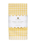 Yellow and white checkered tea towel packaging on a white background