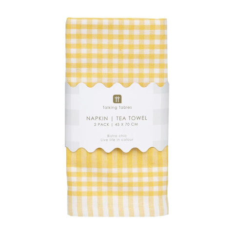 Yellow and white checkered tea towel packaging on a white background
