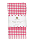 Pack of pink and white checkered tea towels with a visible brand label on a white background