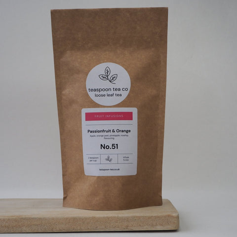 An Eco-Friendly pouch of Passionfruit and Orange Fruit Tea, The label shows that it is from online tea retailer Teaspoon Tea Co.  Passionfruit with Orange is a caffeine free frit tea.